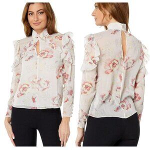 NEW TED BAKER LONDON "Thellma" Twist Ruffle Chiffon Blouse Ivory/Pink Size 14